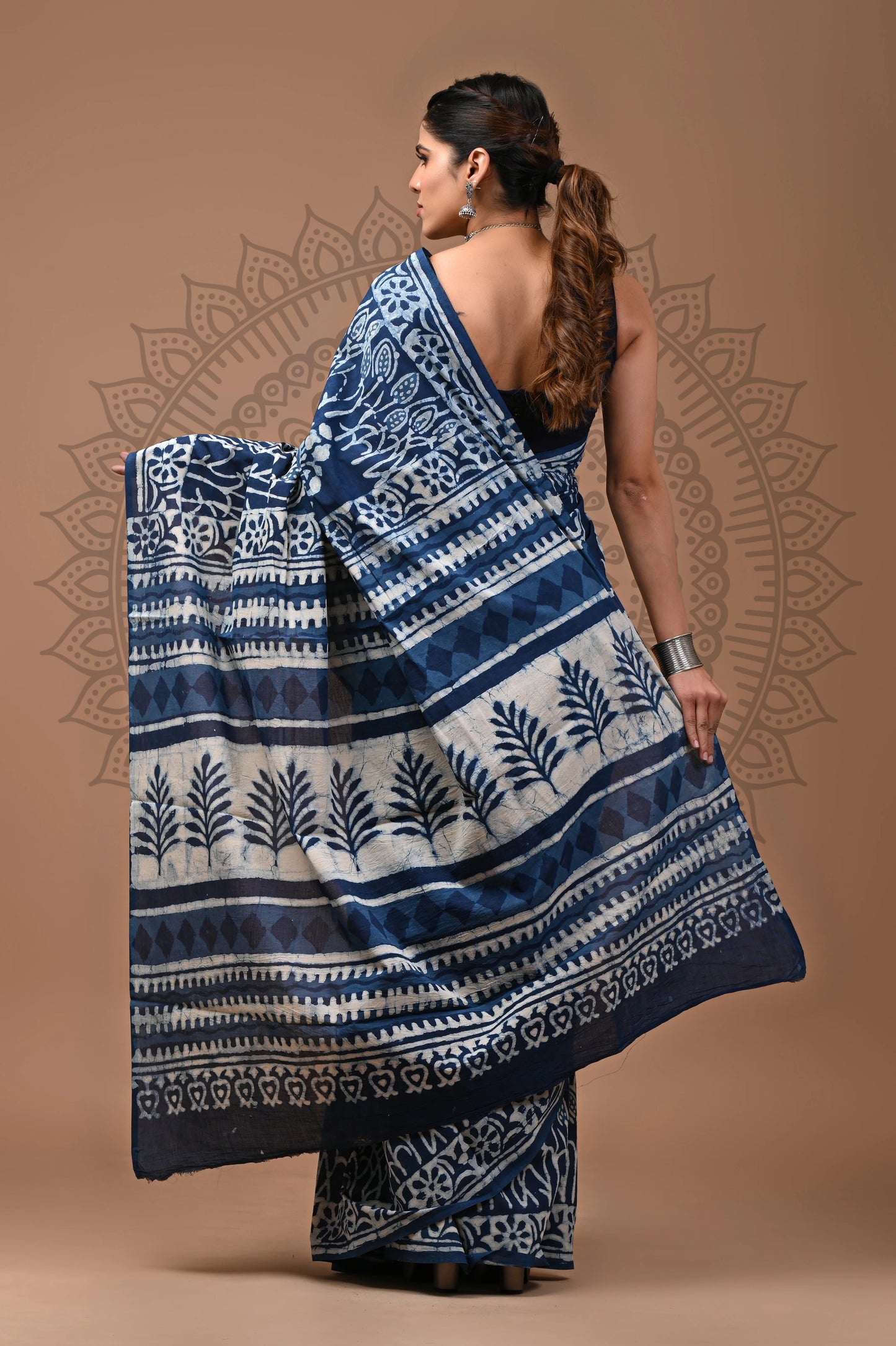 Indigo Dabu Block Printed Cotton Saree With Blouse