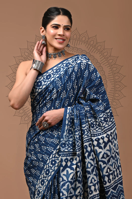 Indigo Dabu Block Printed Cotton Saree With Blouse