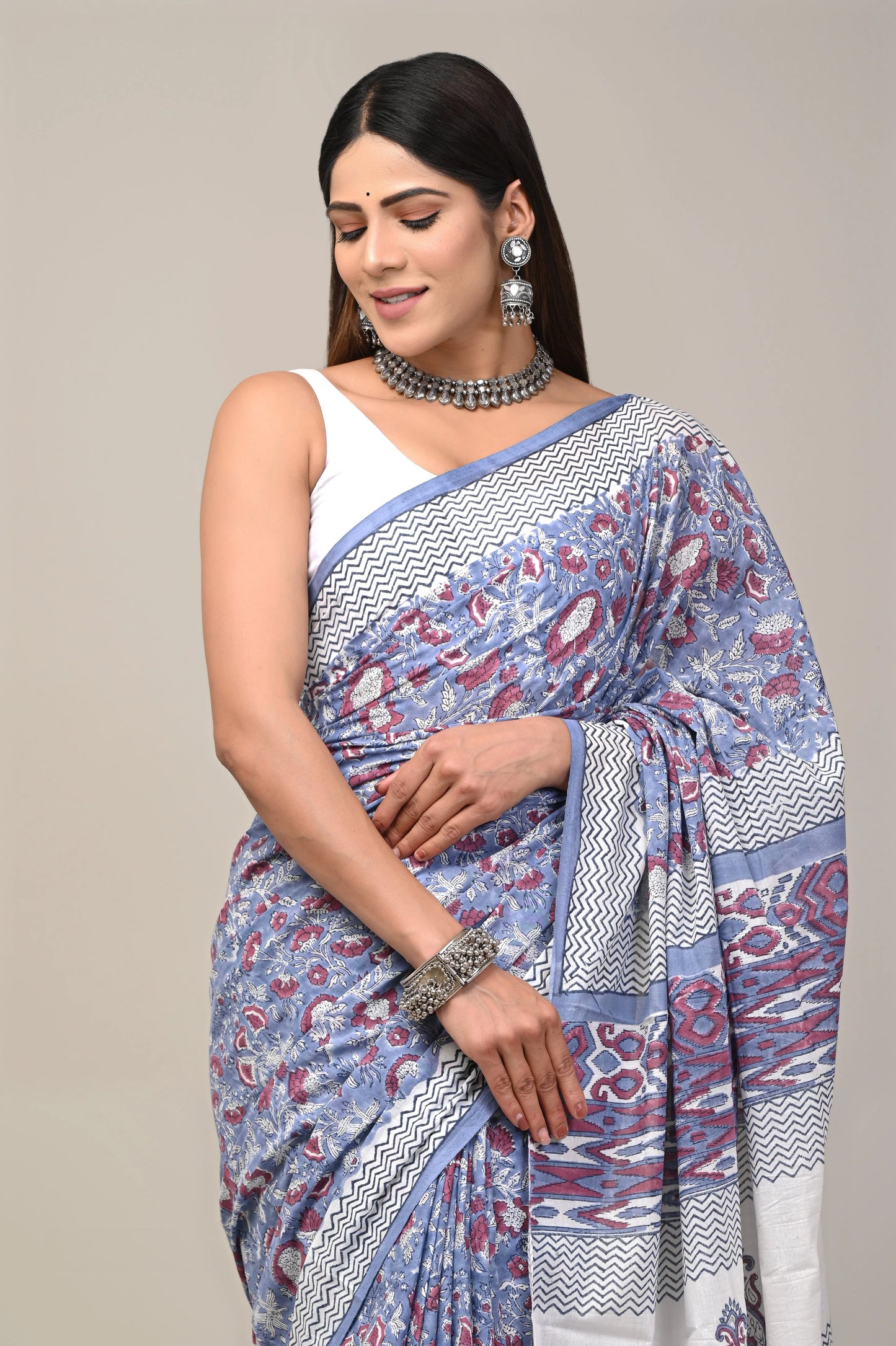 Hand Block Printed Pure mul Cotton Saree