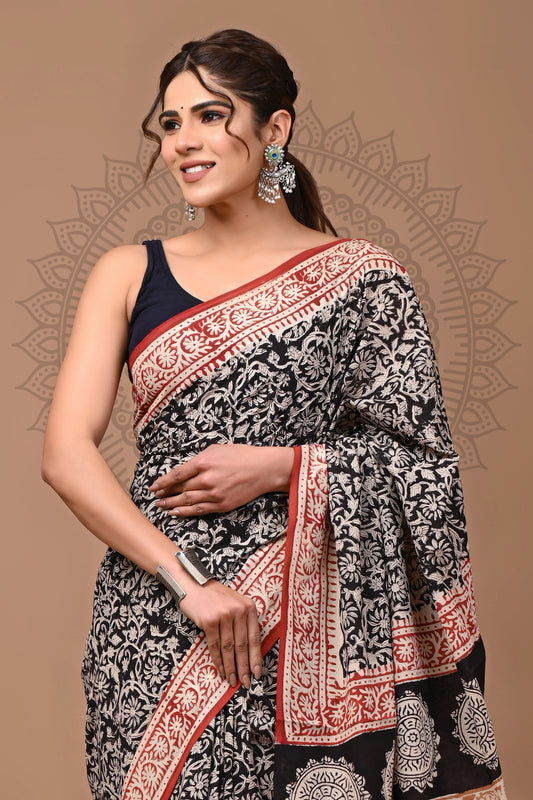 Traditional Bagru Printed Cotton Saree With Blouse