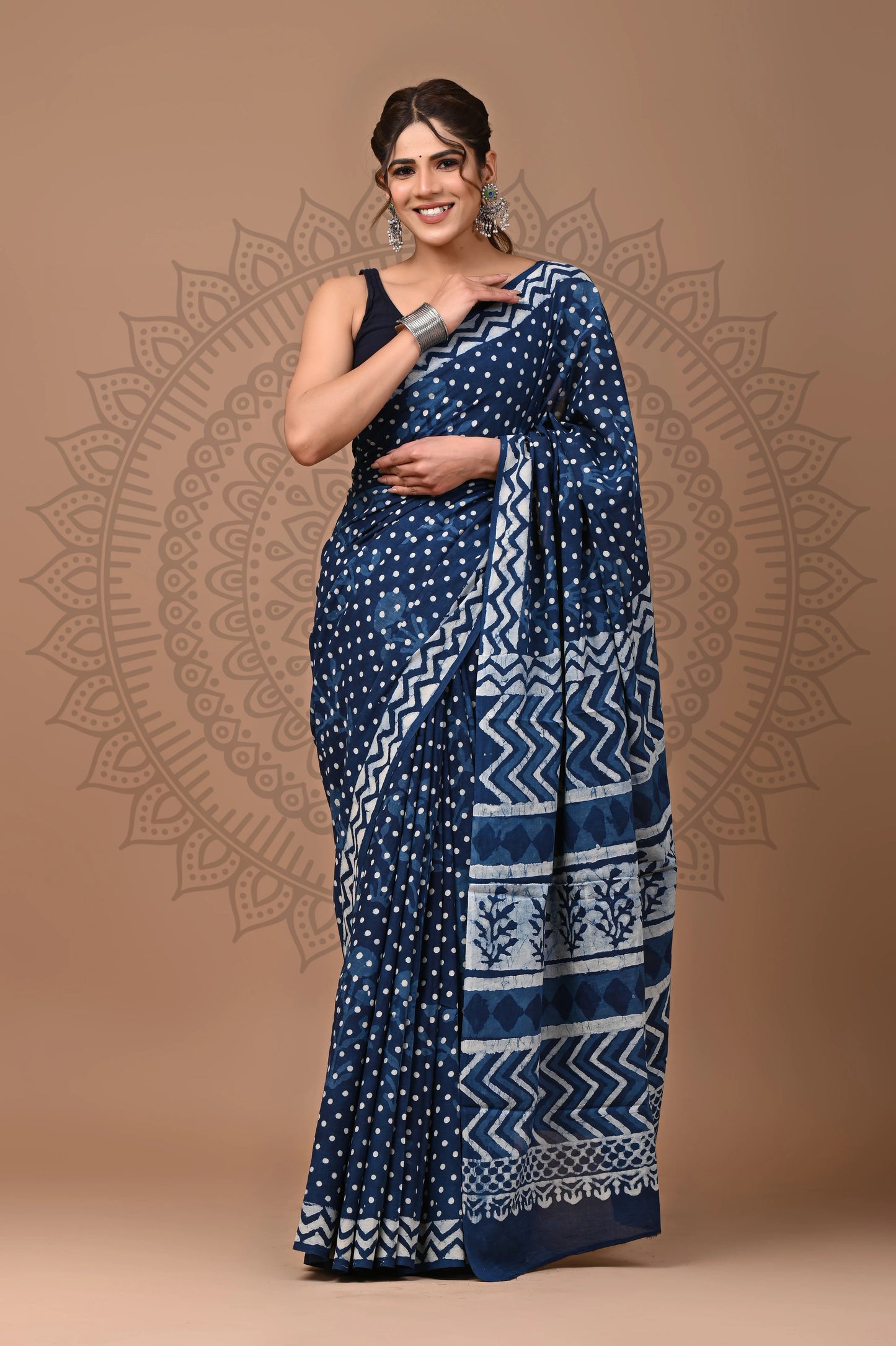 Indigo Dabu Block Printed Cotton Saree With Blouse