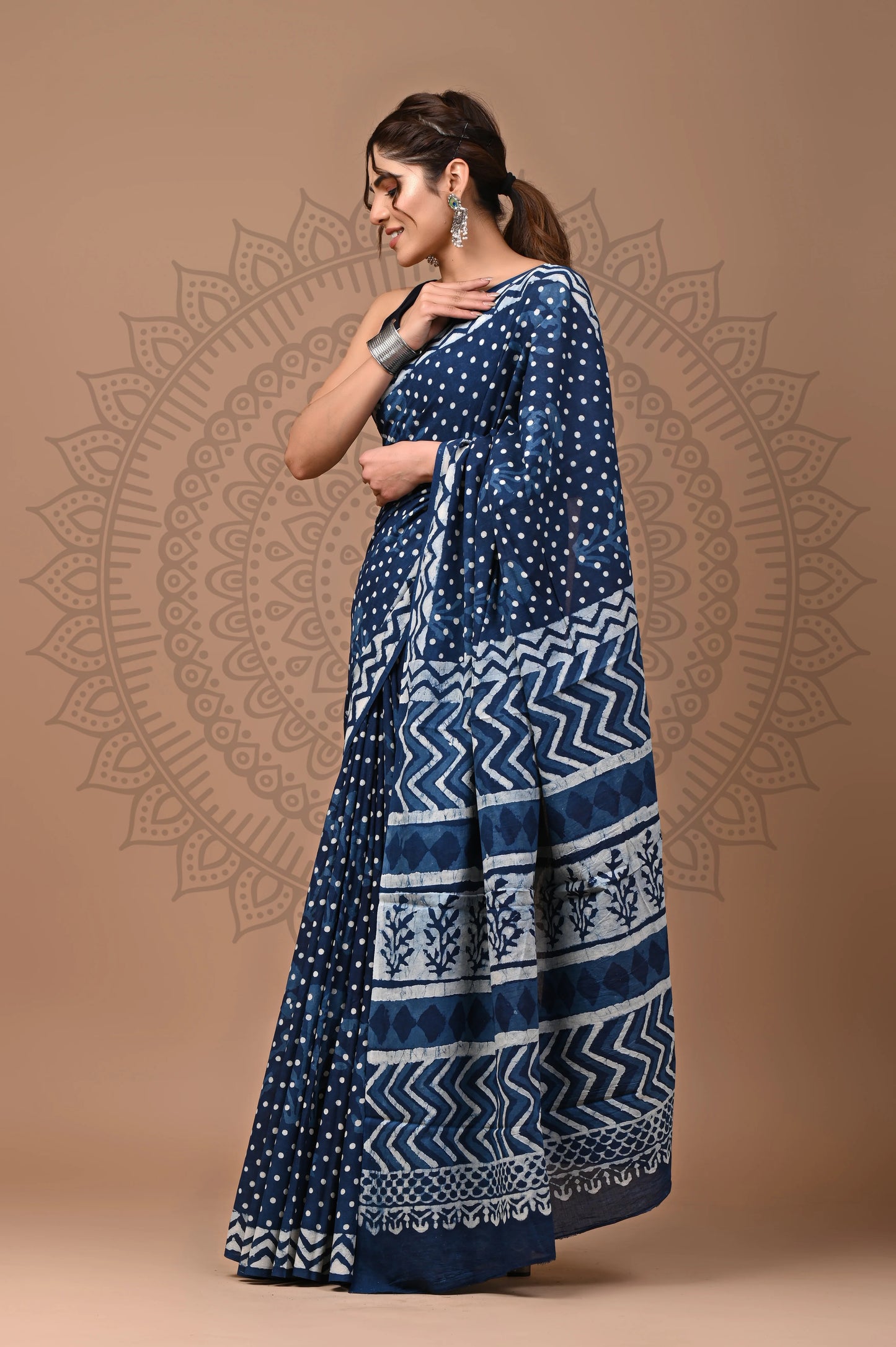 Indigo Dabu Block Printed Cotton Saree With Blouse