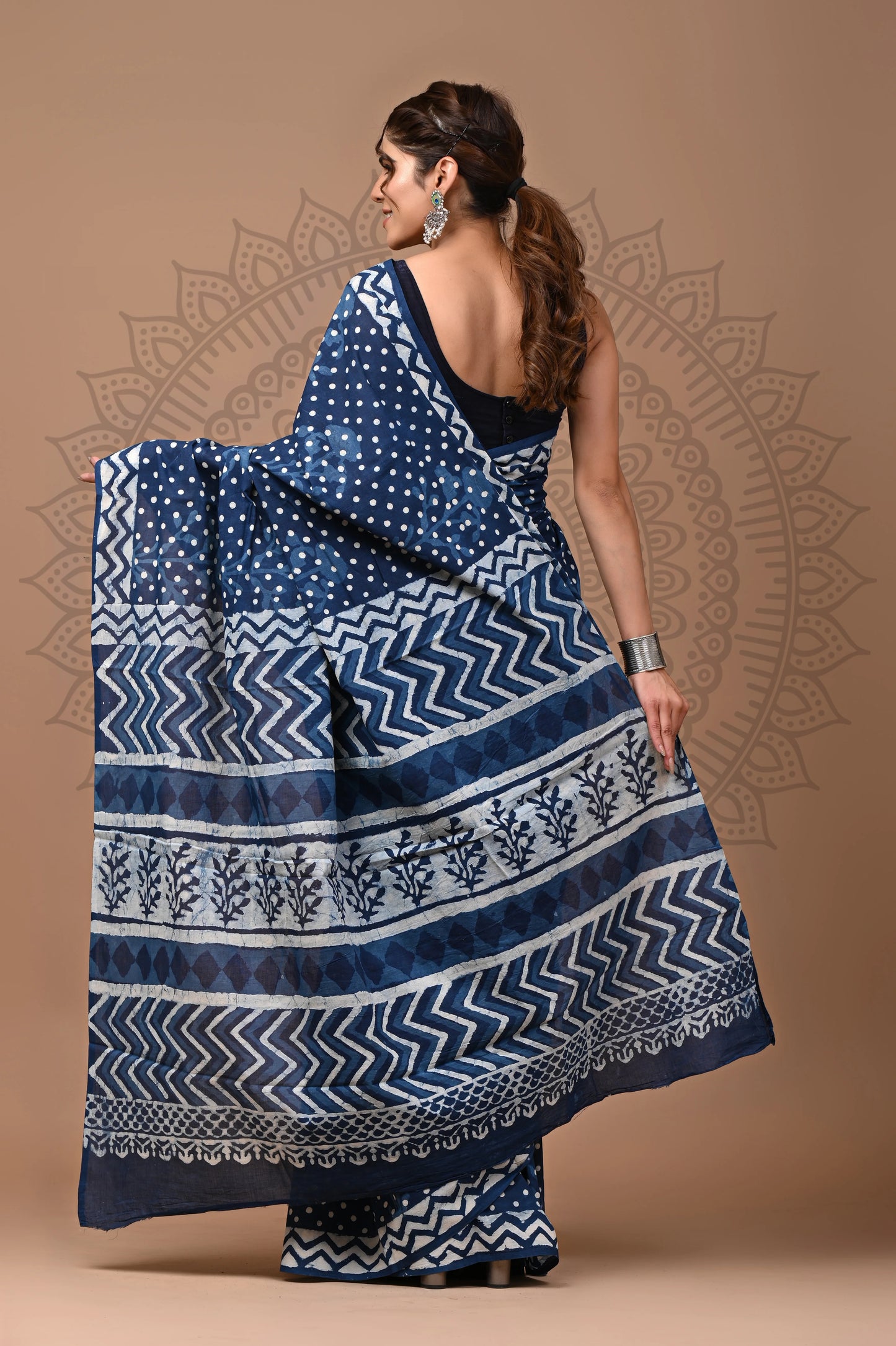 Indigo Dabu Block Printed Cotton Saree With Blouse