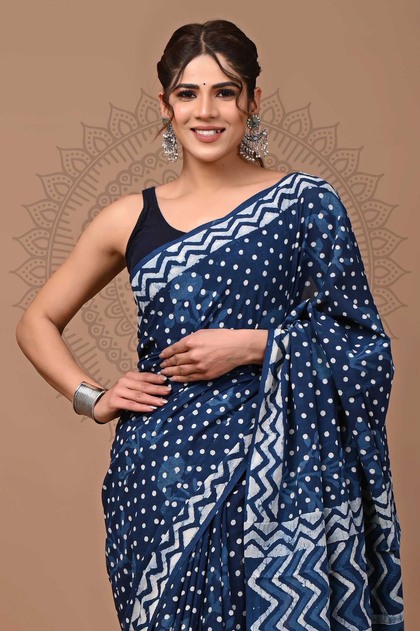 Indigo Dabu Block Printed Cotton Saree With Blouse