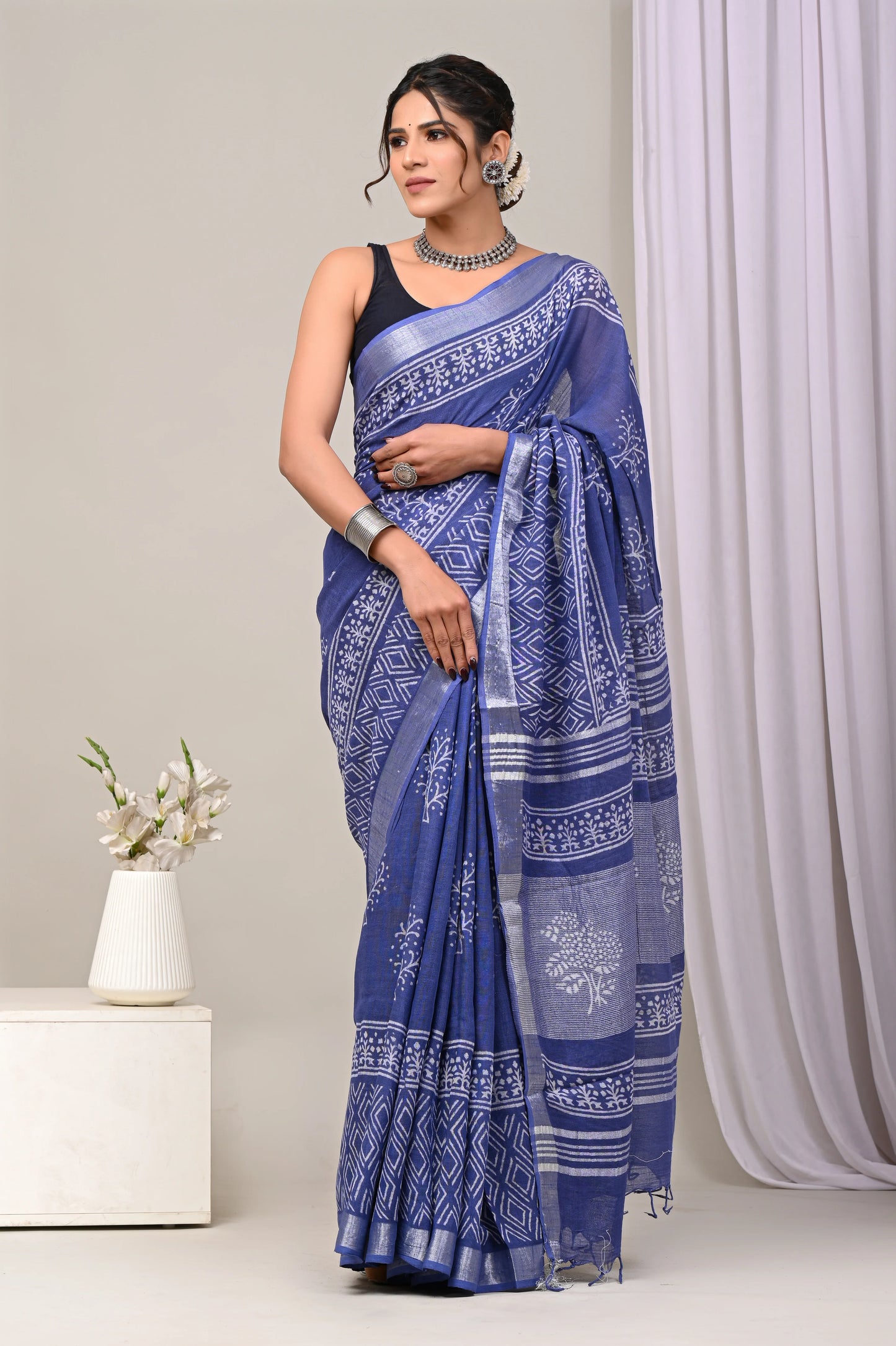 Hand Block Printed Linen Saree