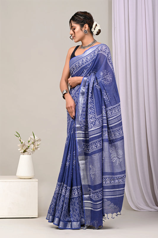 Hand Block Printed Linen Saree