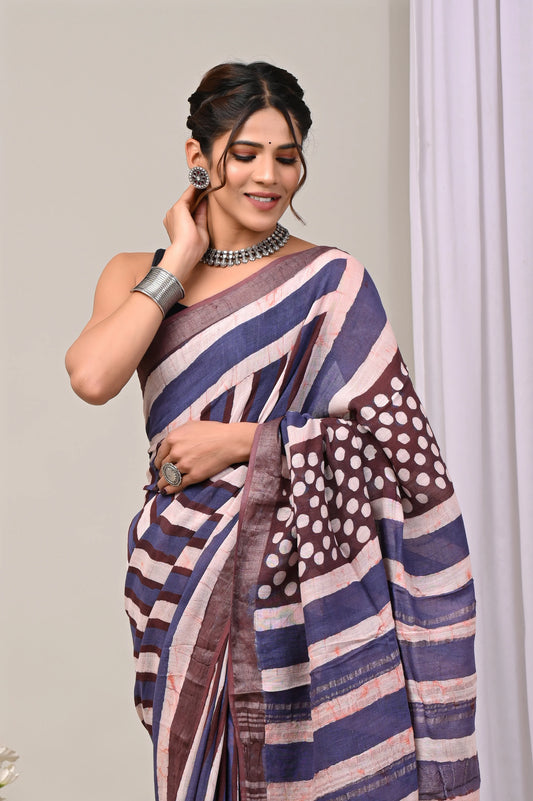 Hand Block Printed Linen Saree