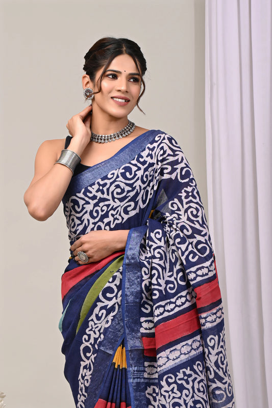 Hand Block Printed Linen Saree