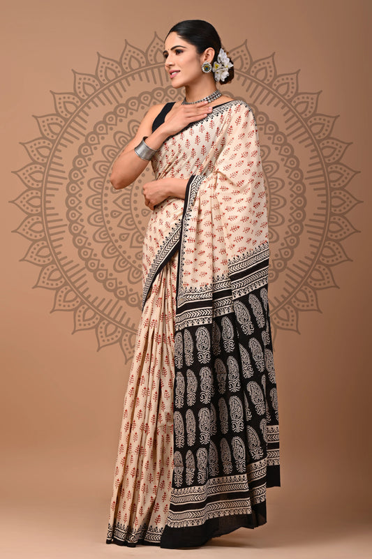 Hand Block Printed Pure mul Cotton Saree