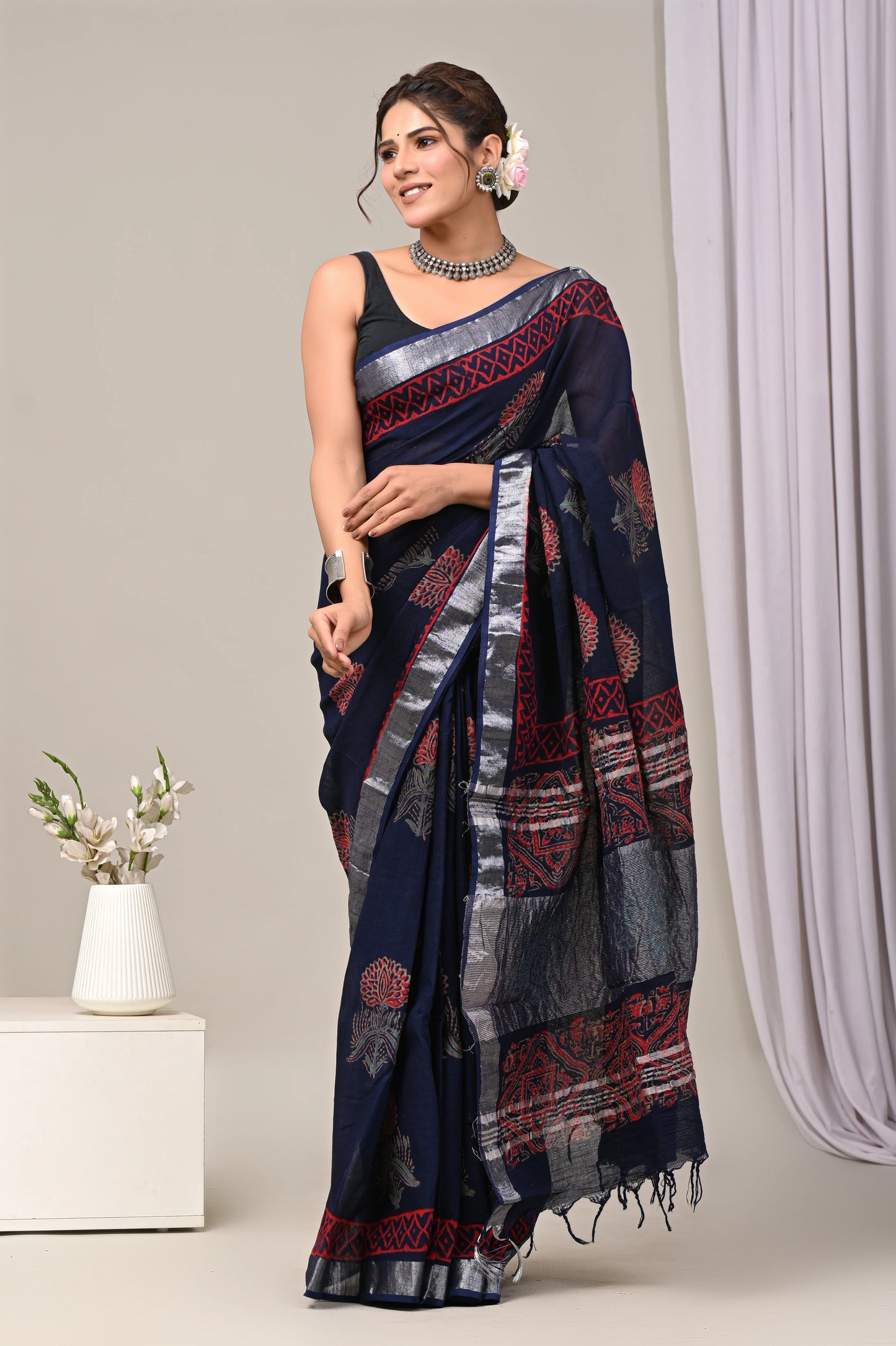 Hand Block Printed Linen Saree