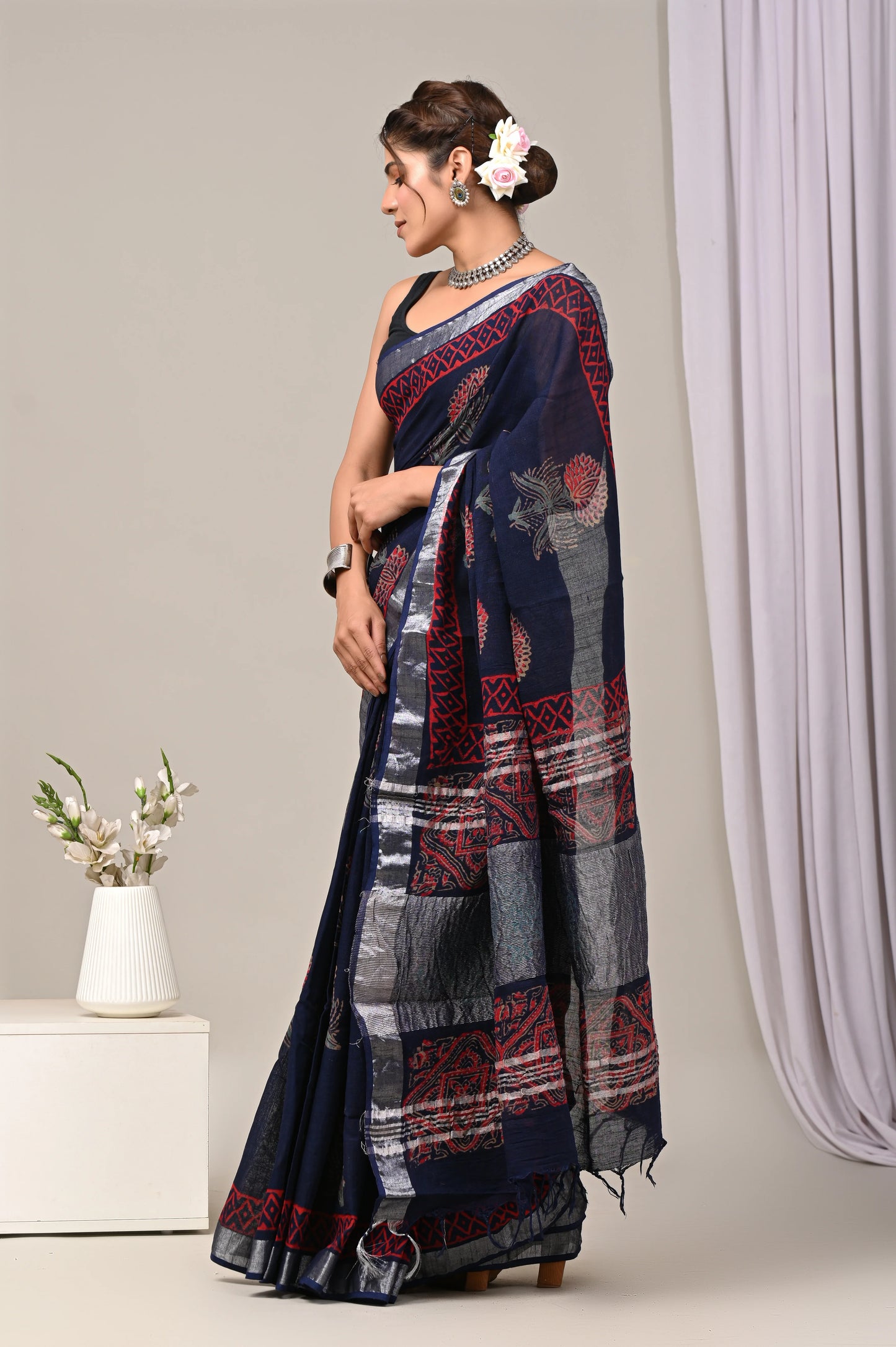 Hand Block Printed Linen Saree