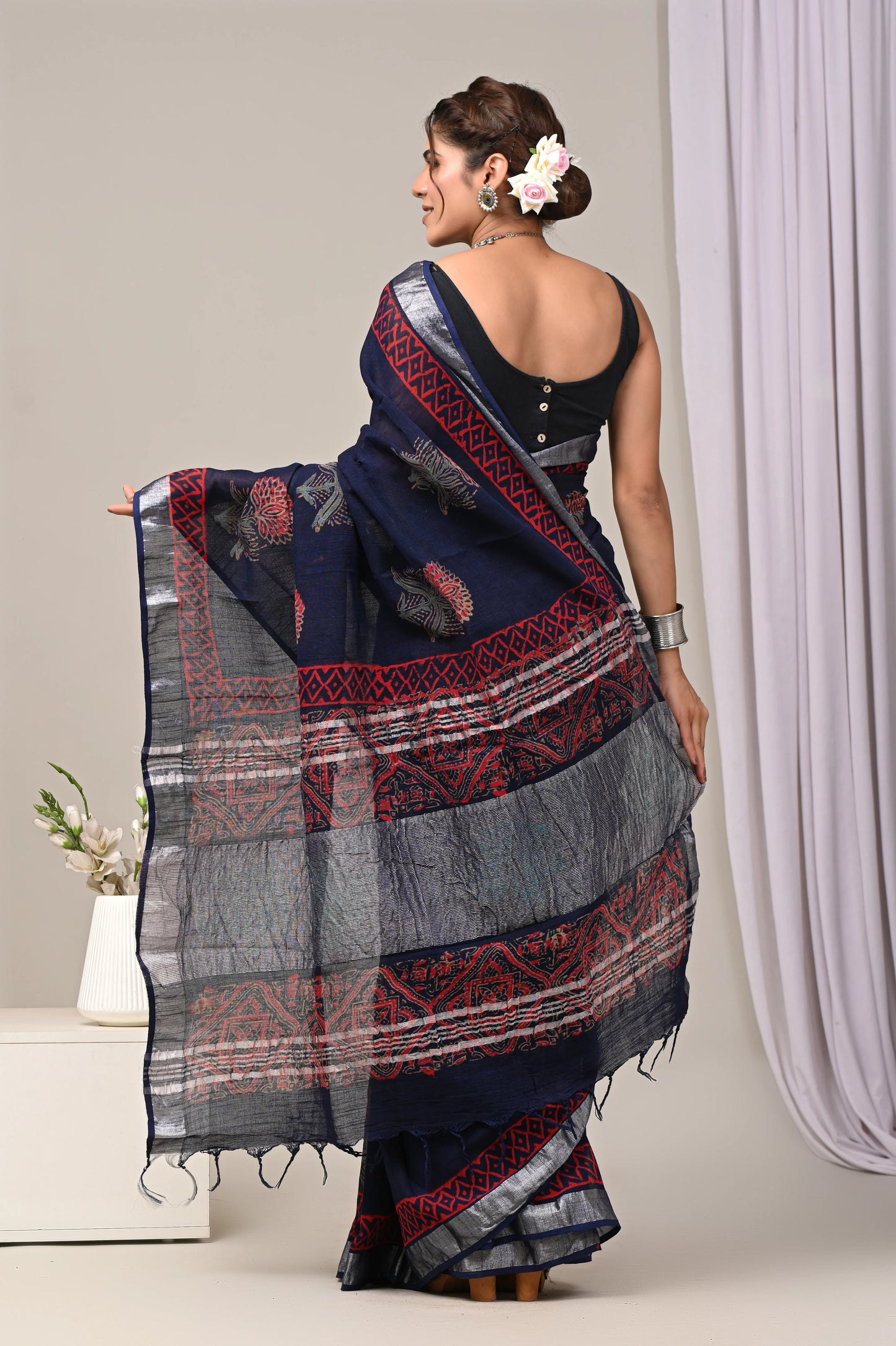 Hand Block Printed Linen Saree