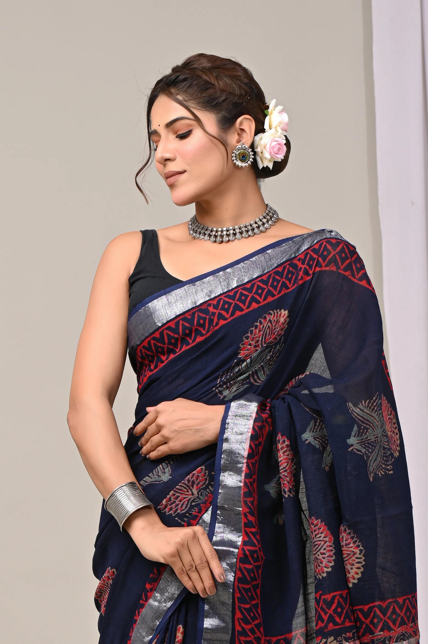 Hand Block Printed Linen Saree