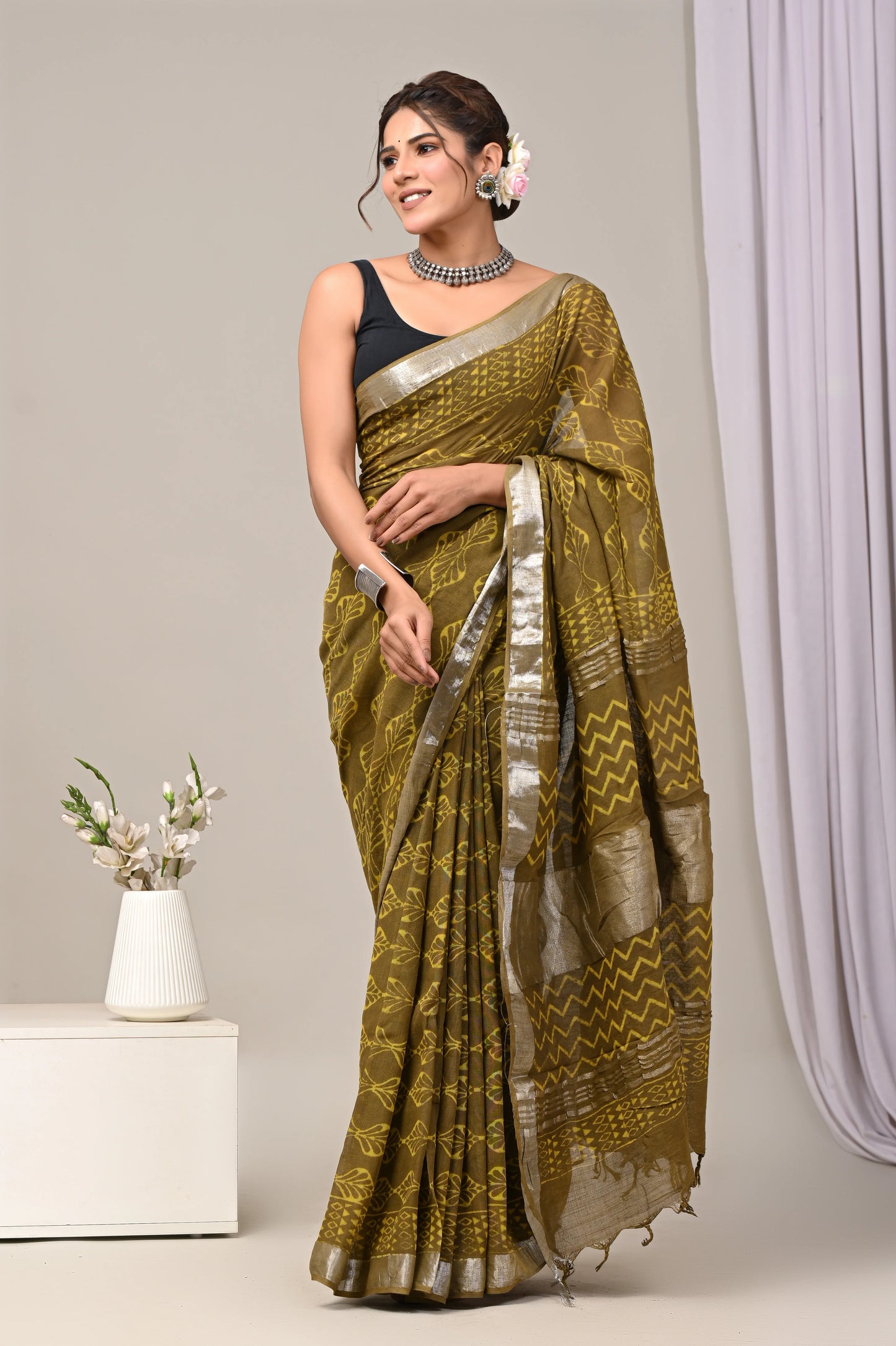 Hand Block Printed Linen Saree