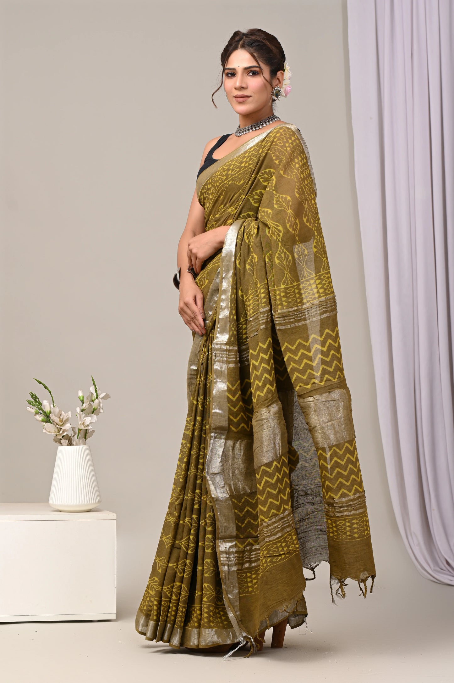 Hand Block Printed Linen Saree