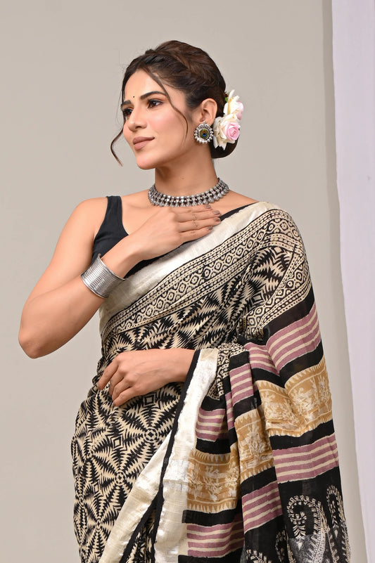 Hand Block Printed Linen Saree