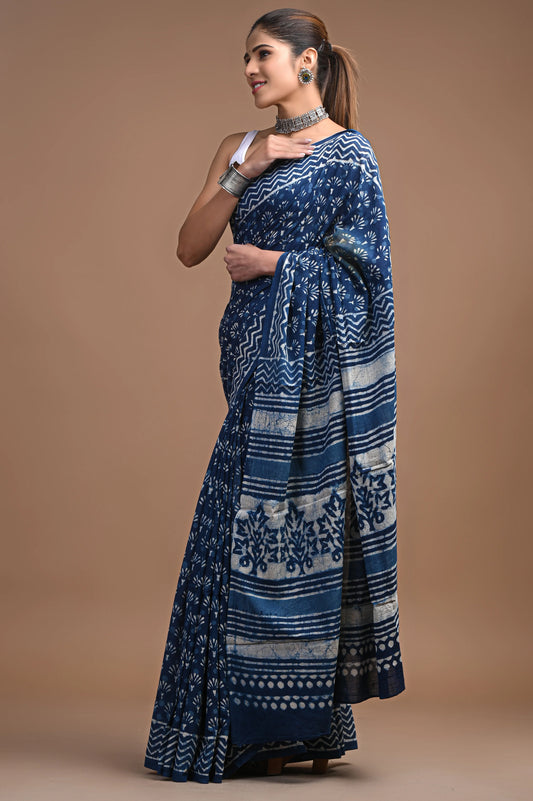 Hand Block Printed Pure mul Cotton Saree