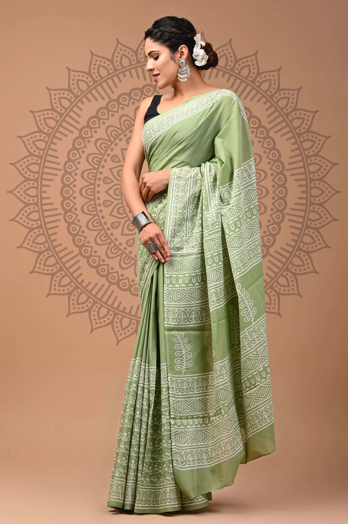 Hand Block Printed Pure mul Cotton Saree