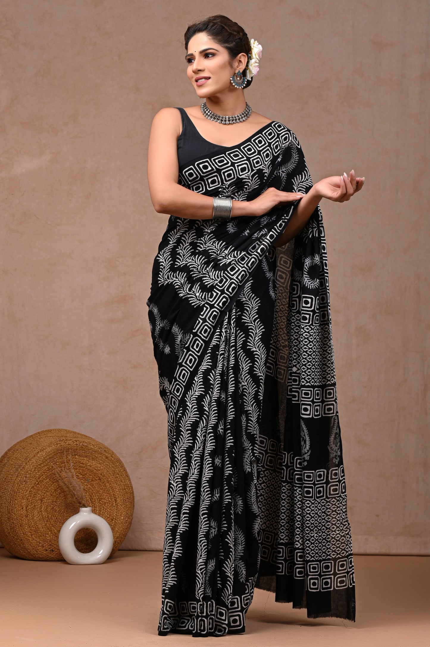 Black & White Block Printed Pure Cotton Mulmul Saree