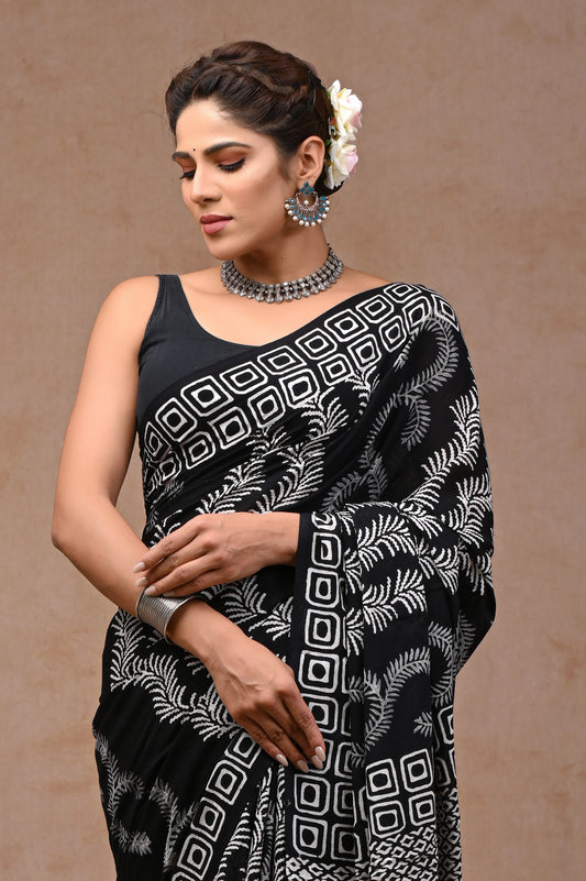 Black & White Block Printed Pure Cotton Mulmul Saree