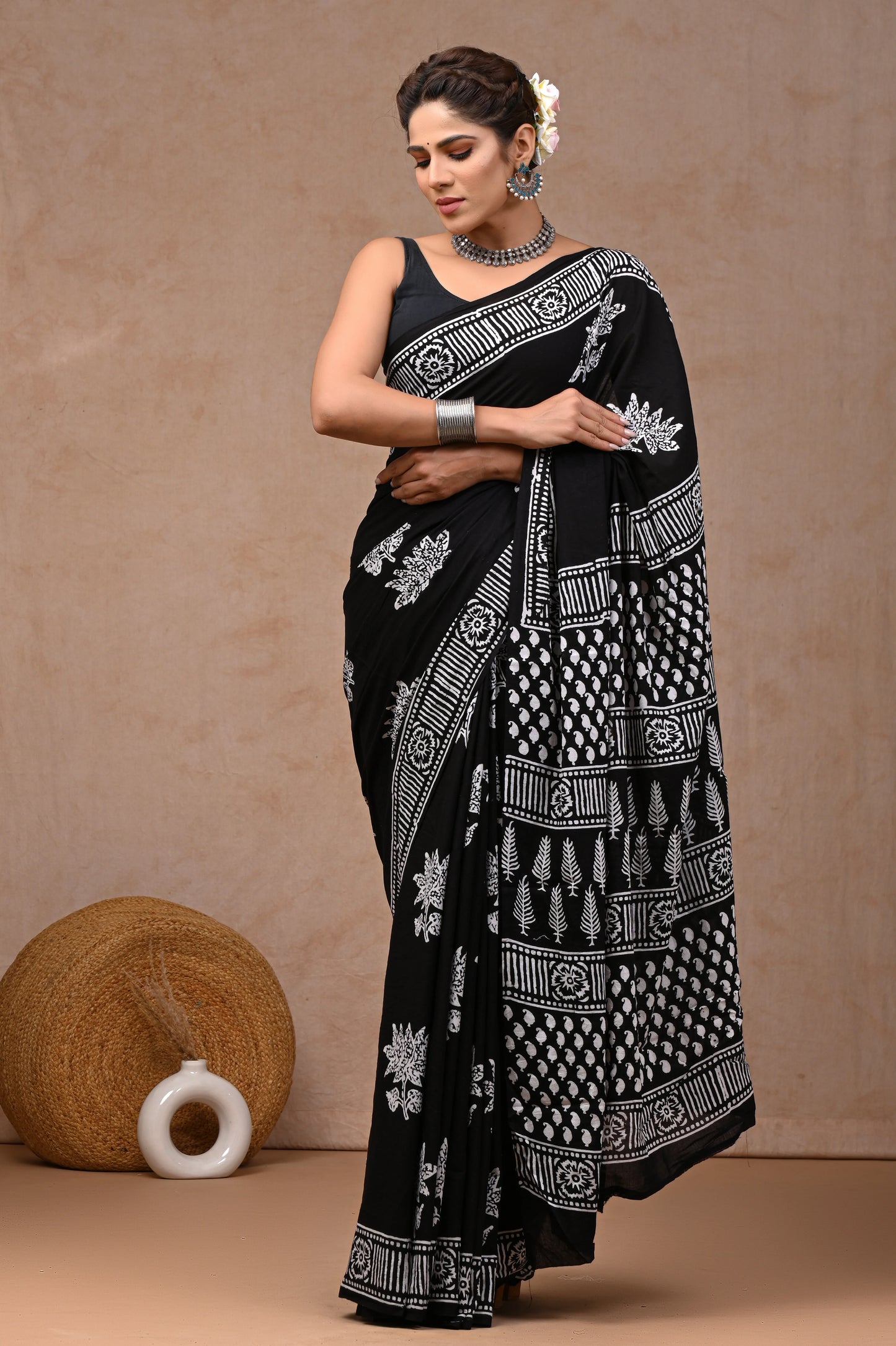 Black & White Block Printed Pure Cotton Mulmul Saree