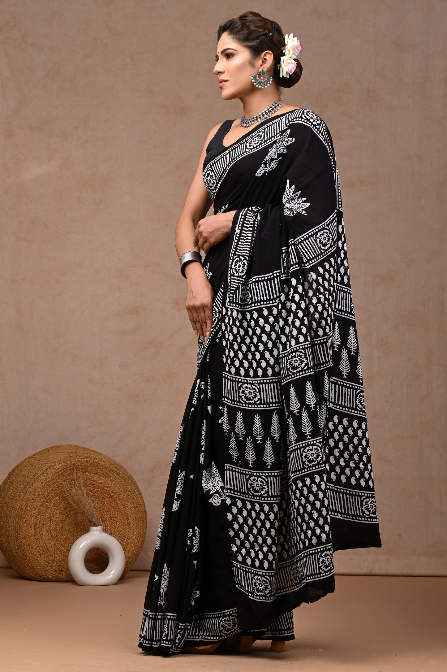 Black & White Block Printed Pure Cotton Mulmul Saree