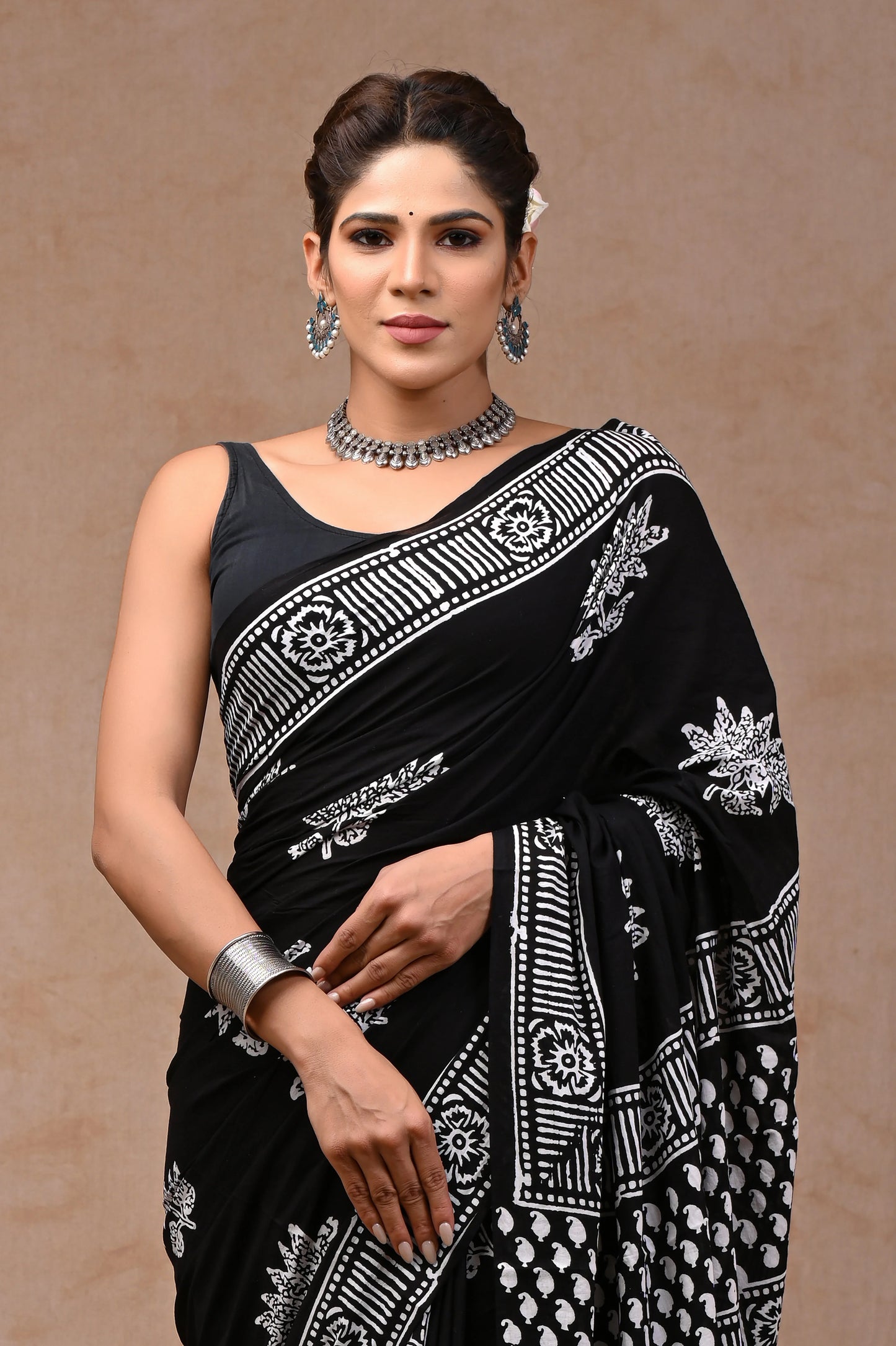 Black & White Block Printed Pure Cotton Mulmul Saree