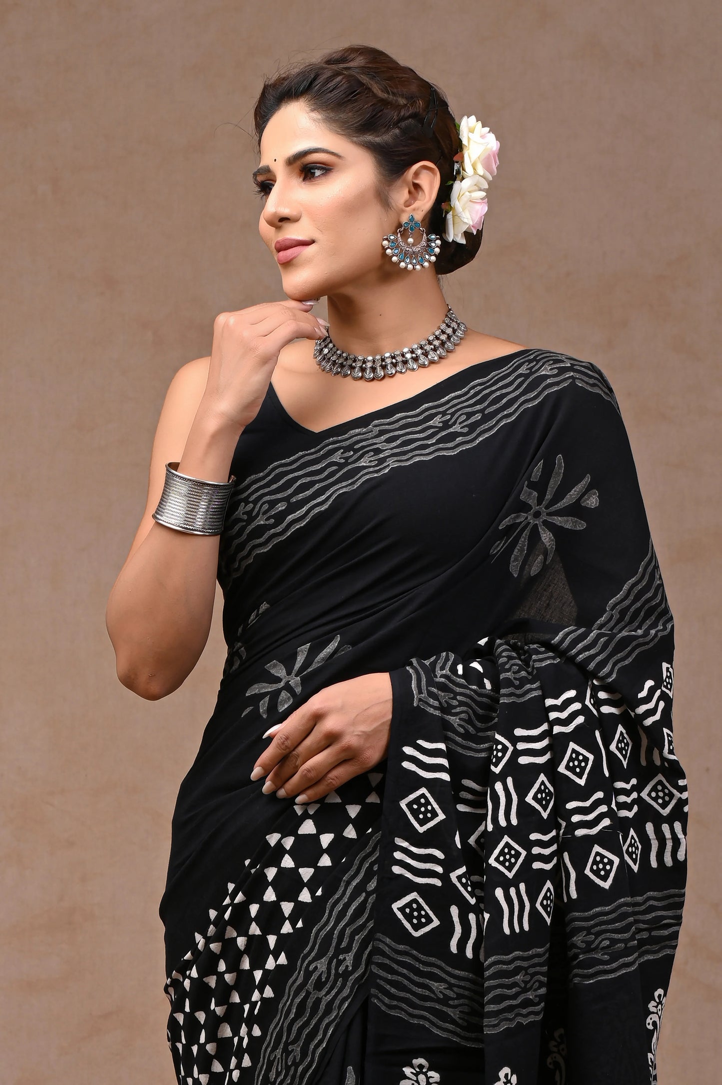 Black & White Block Printed Pure Cotton Mulmul Saree