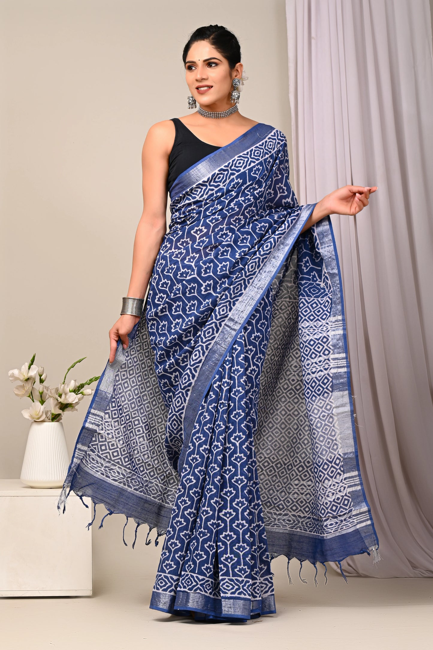 Hand Block Printed Linen Saree