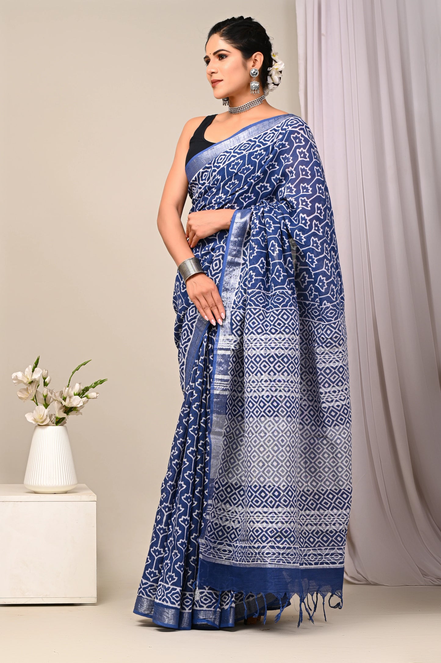 Hand Block Printed Linen Saree