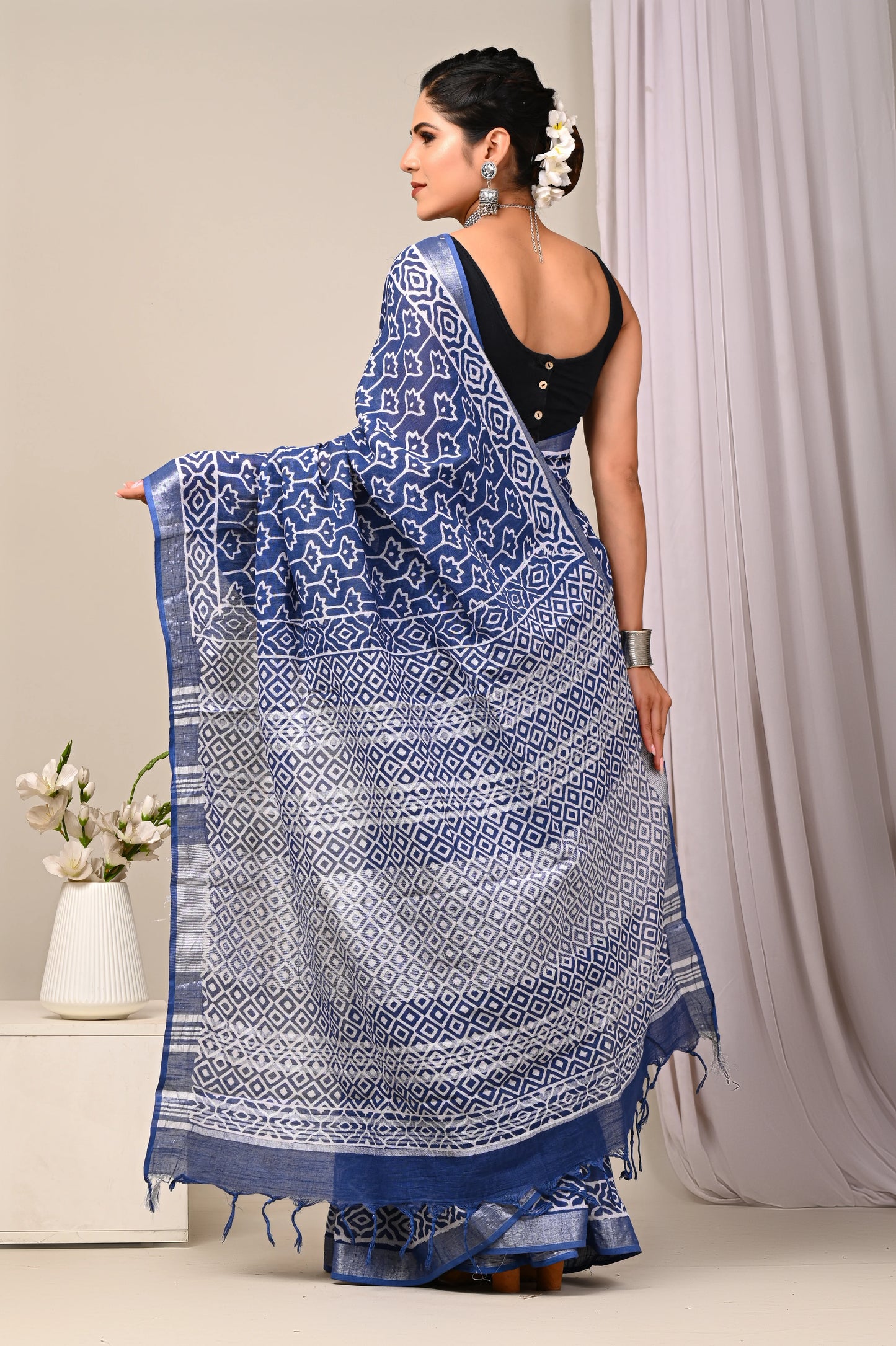 Hand Block Printed Linen Saree