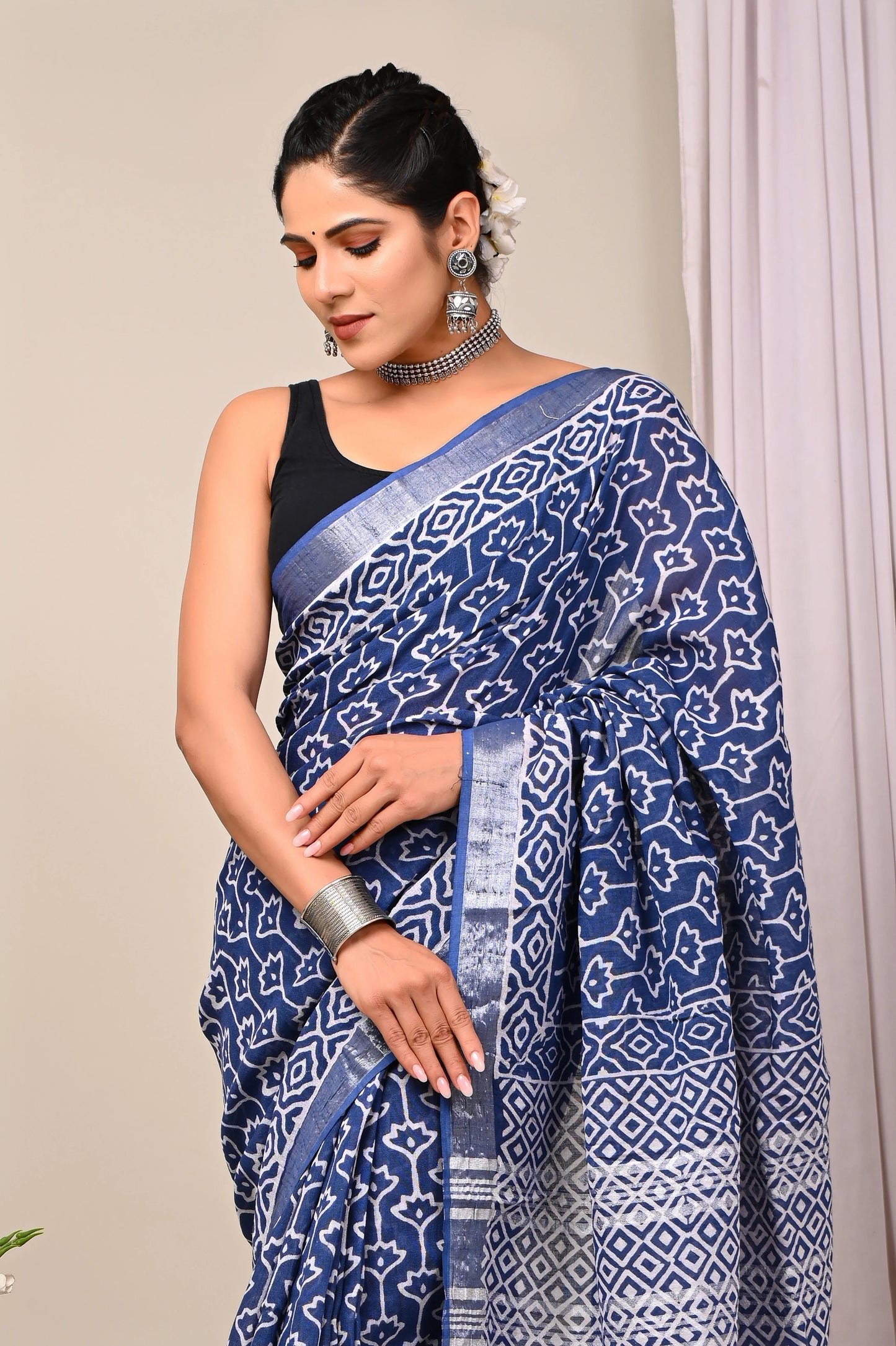 Hand Block Printed Linen Saree