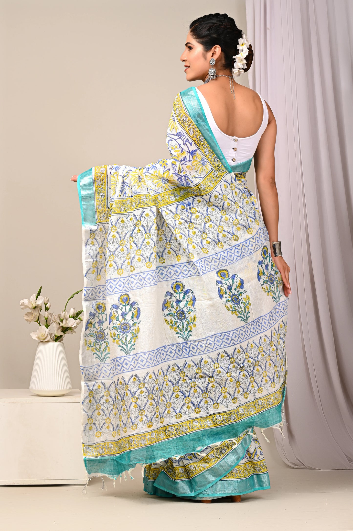 Hand Block Printed Linen Saree