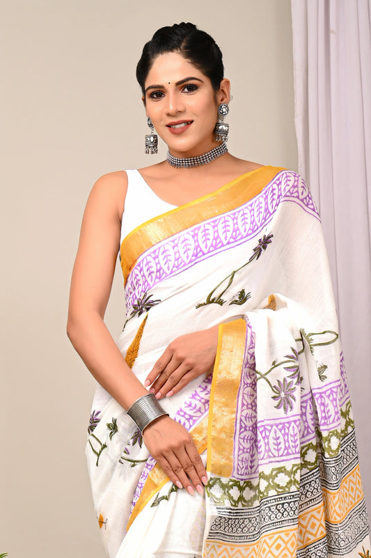 Hand Block Printed Linen Saree