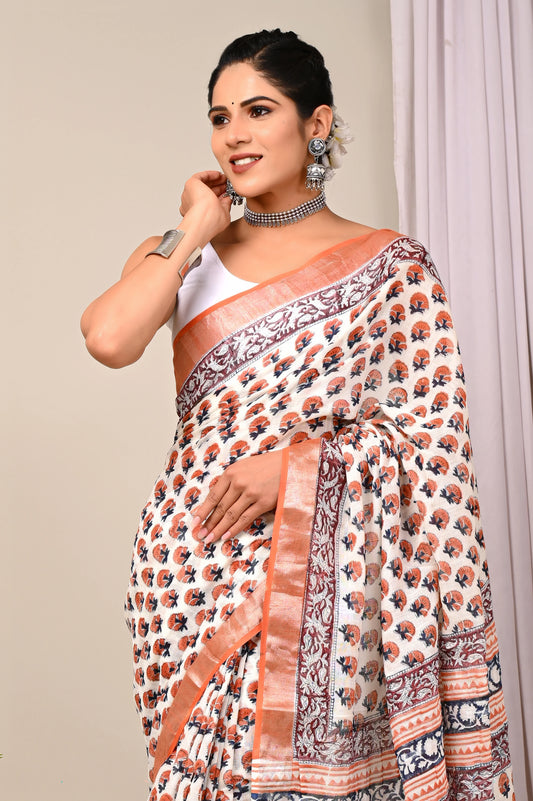 Hand Block Printed Linen Saree