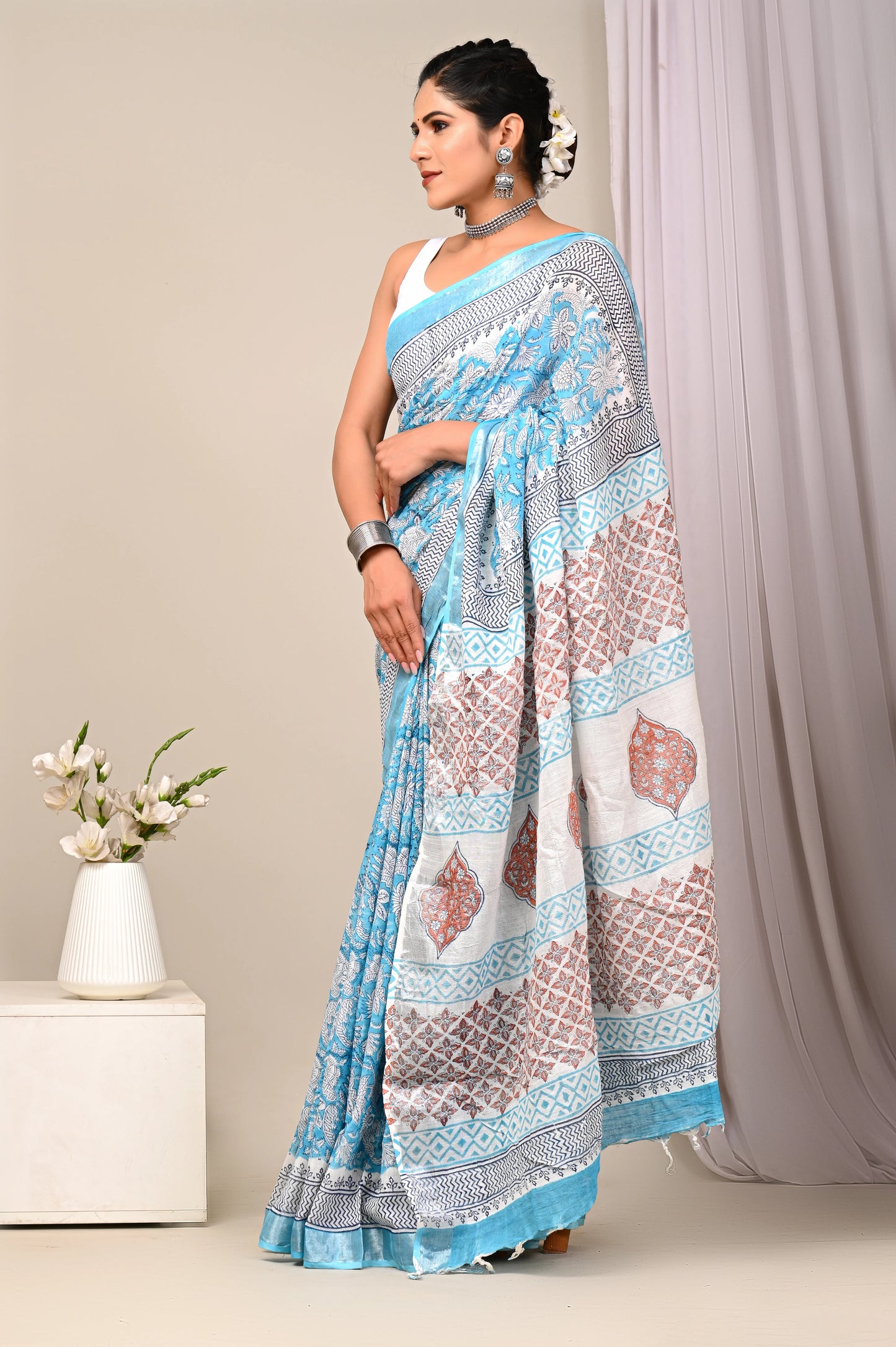 Hand Block Printed Linen Saree