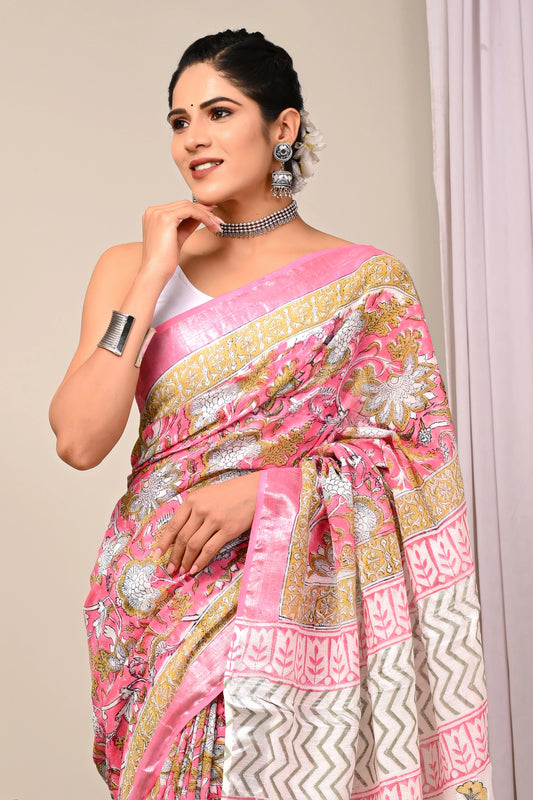 Hand Block Printed Linen Saree