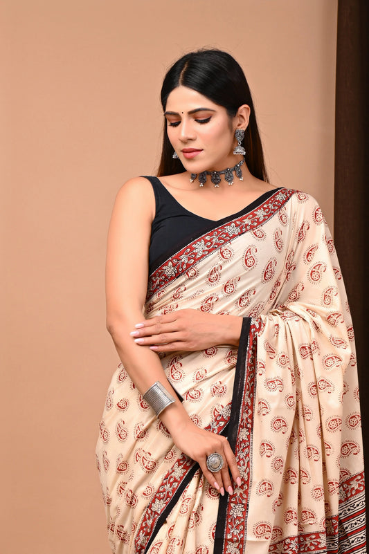 Hand Block Printed Pure mul Cotton Saree