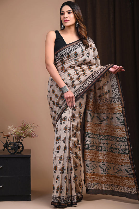 Premium Hand Block Printed Chanderi Silk Saree