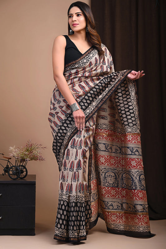 Premium Hand Block Printed Chanderi Silk Saree