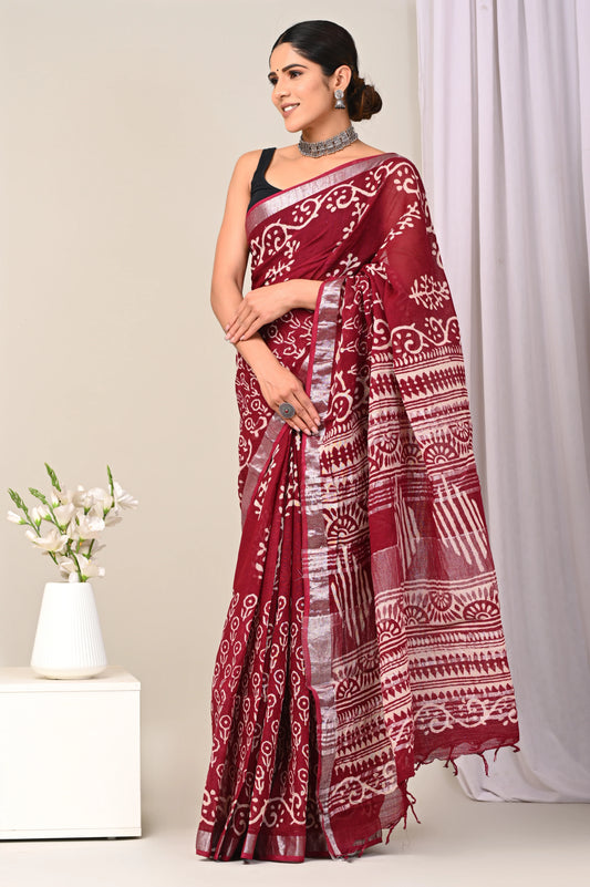 Hand Block Printed Linen Saree