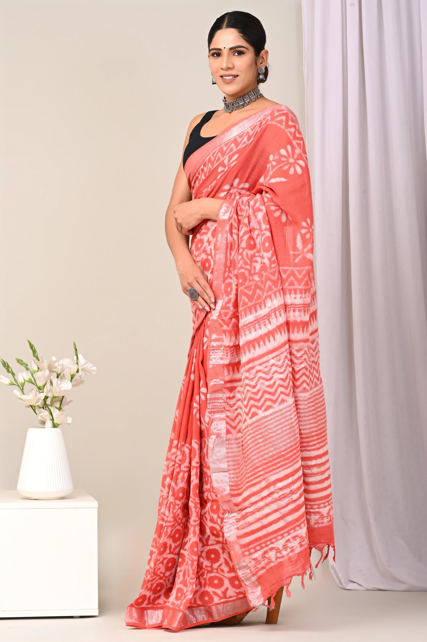 Hand Block Printed Linen Saree