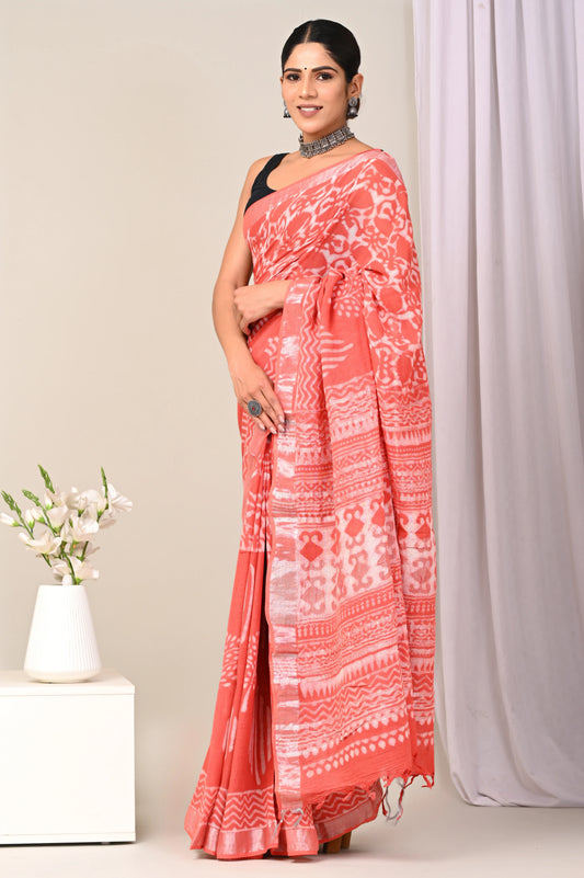 Hand Block Printed Linen Saree