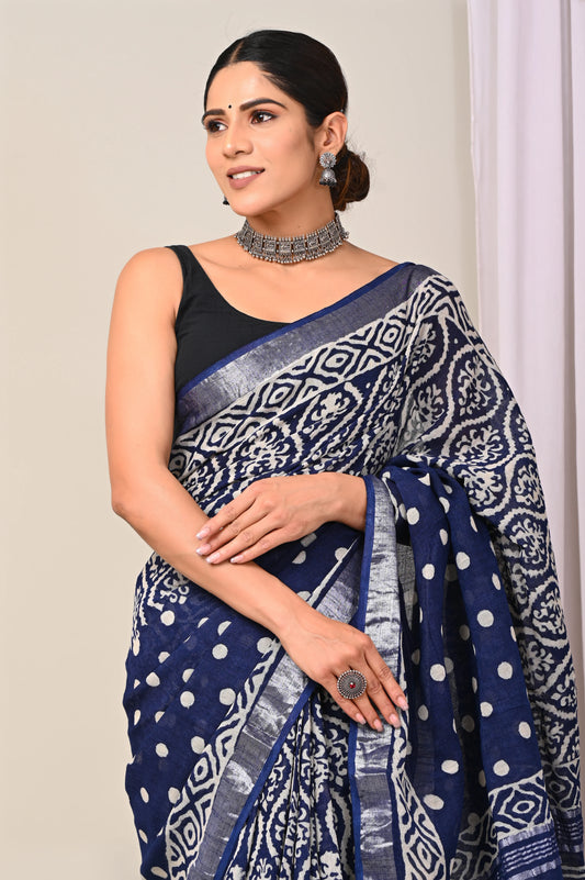 Hand Block Printed Linen Saree