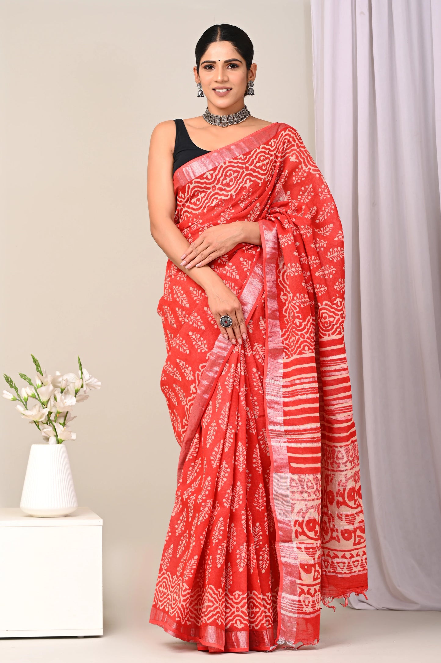 Hand Block Printed Linen Saree