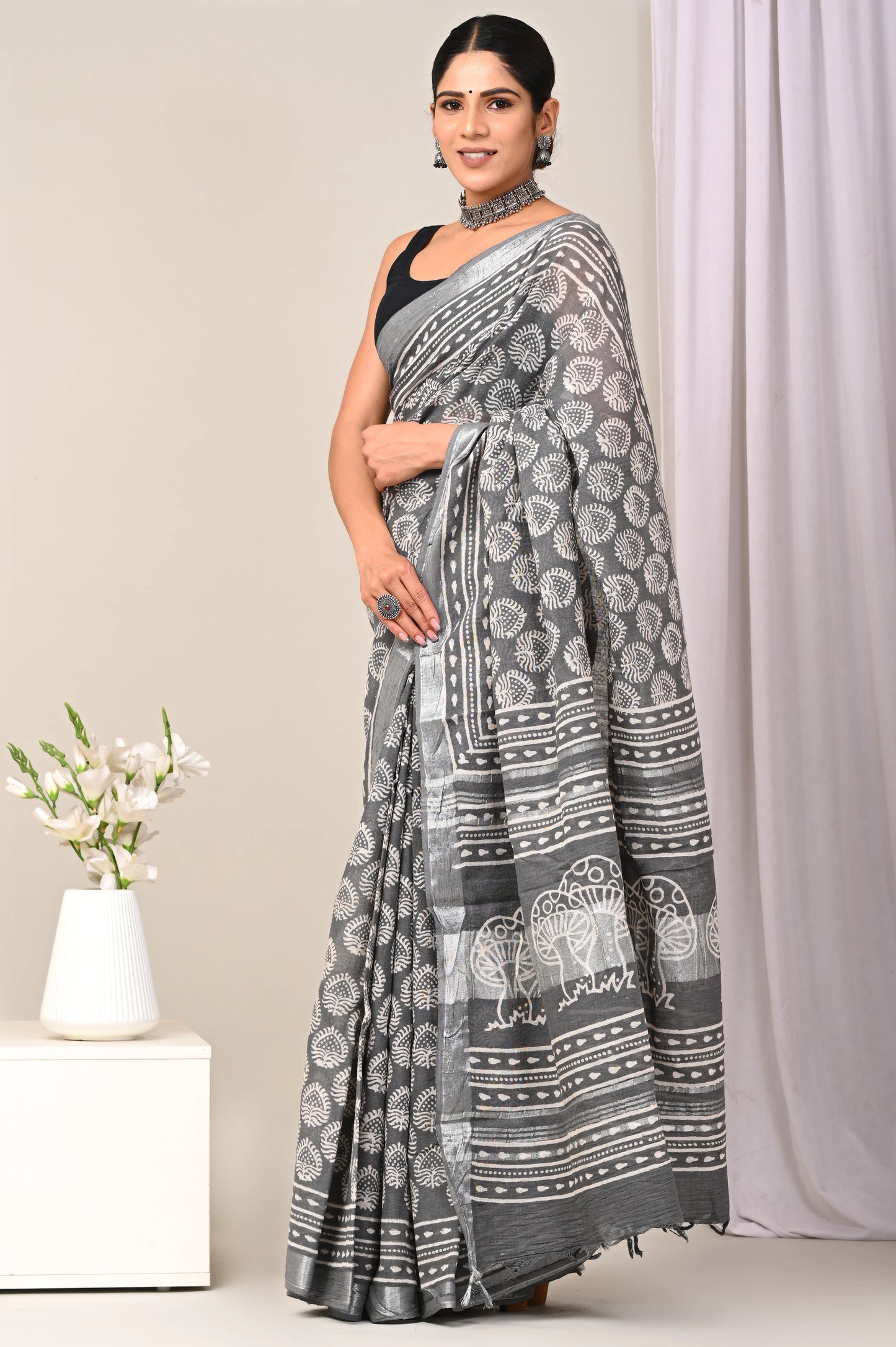 Hand Block Printed Linen Saree