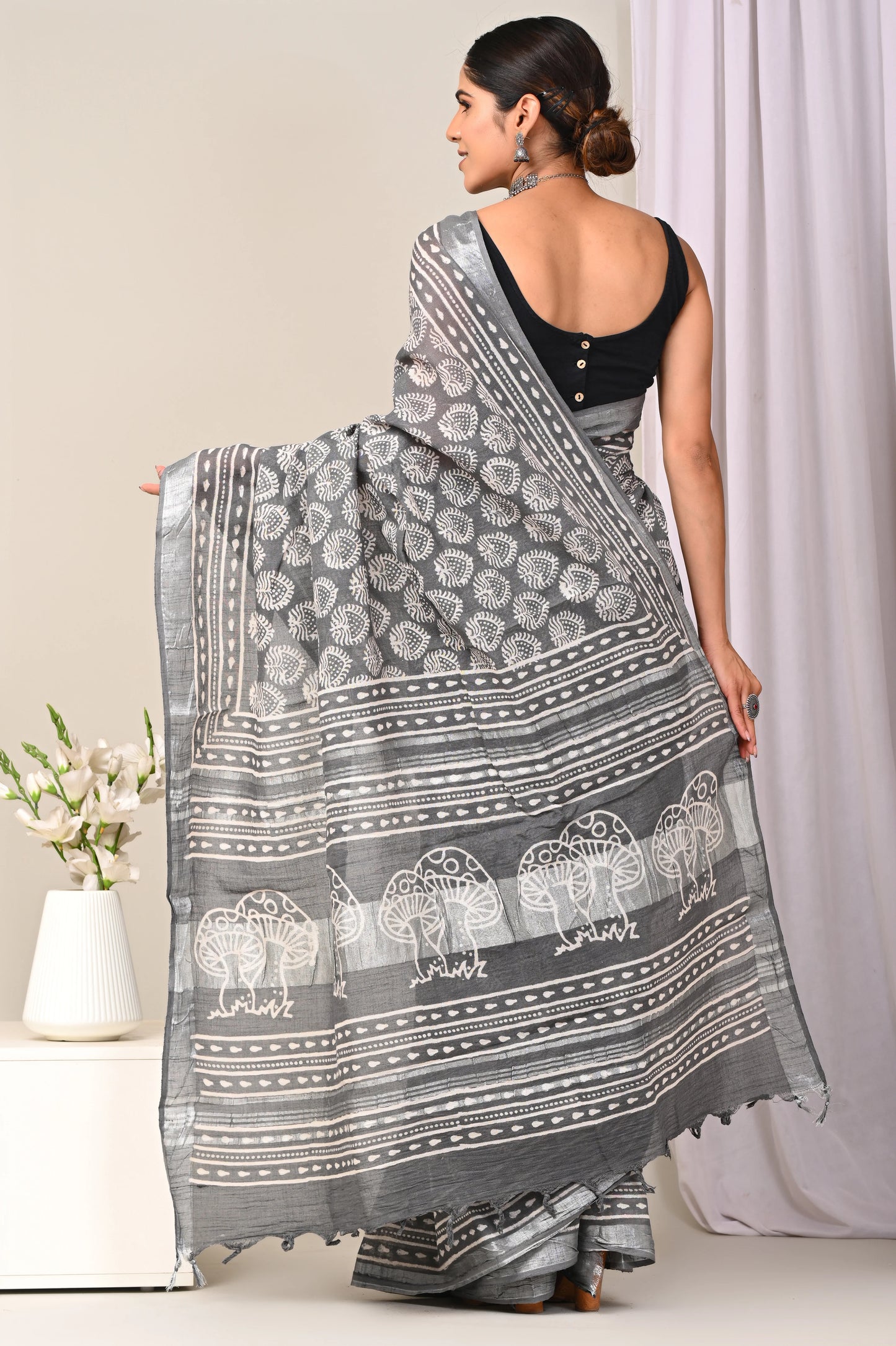 Hand Block Printed Linen Saree