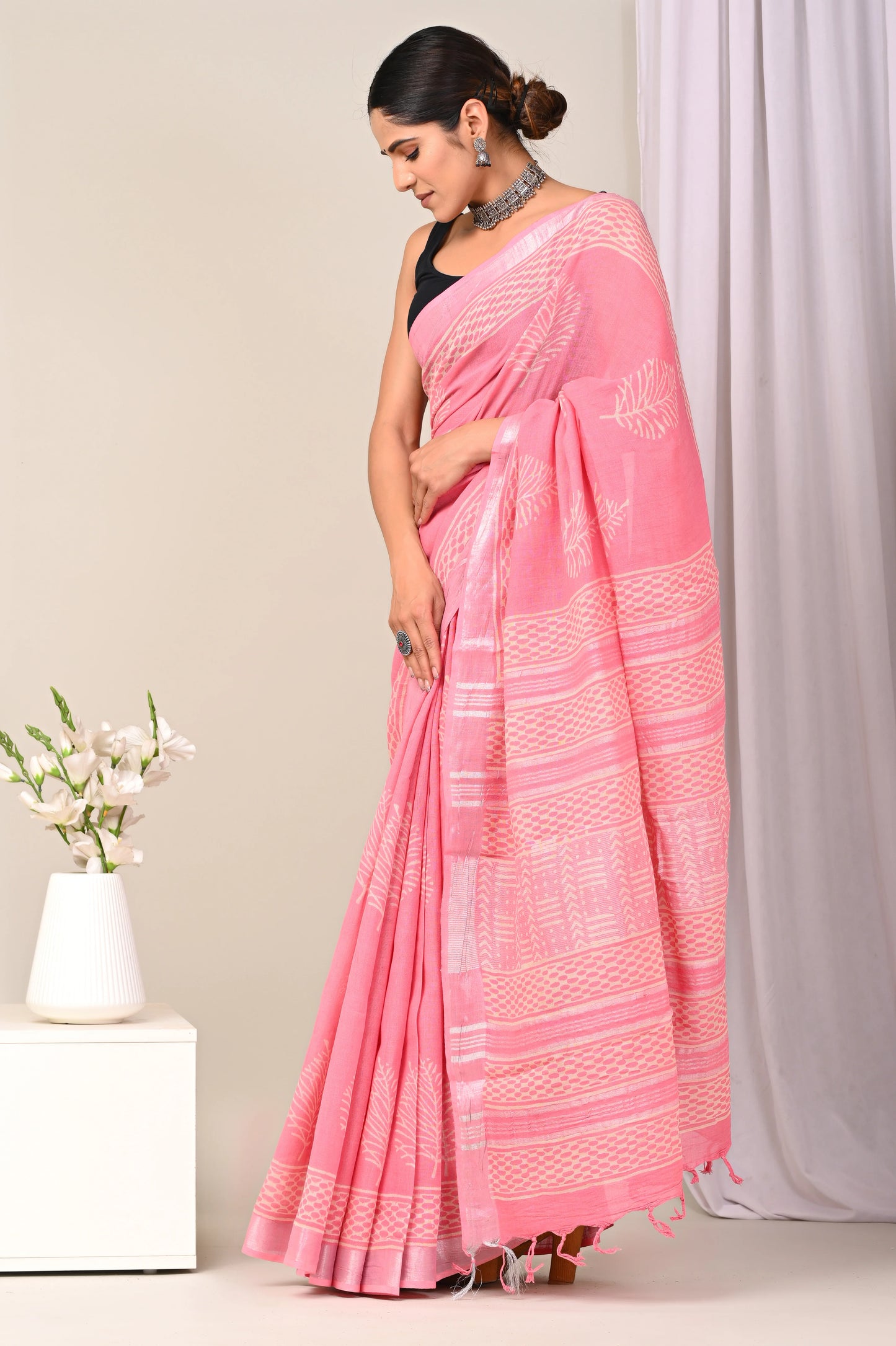 Hand Block Printed Linen Saree