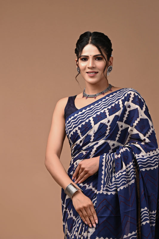 Hand Block Printed Pure mul Cotton Saree