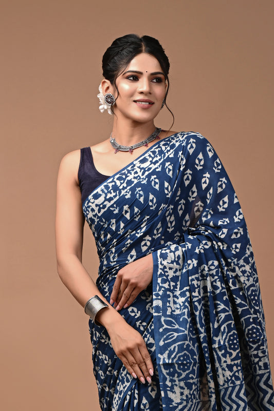 Hand Block Printed Pure mul Cotton Saree